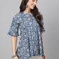 Janasya Women's Blue Cotton Floral Print Flared Top | Swadesiicart