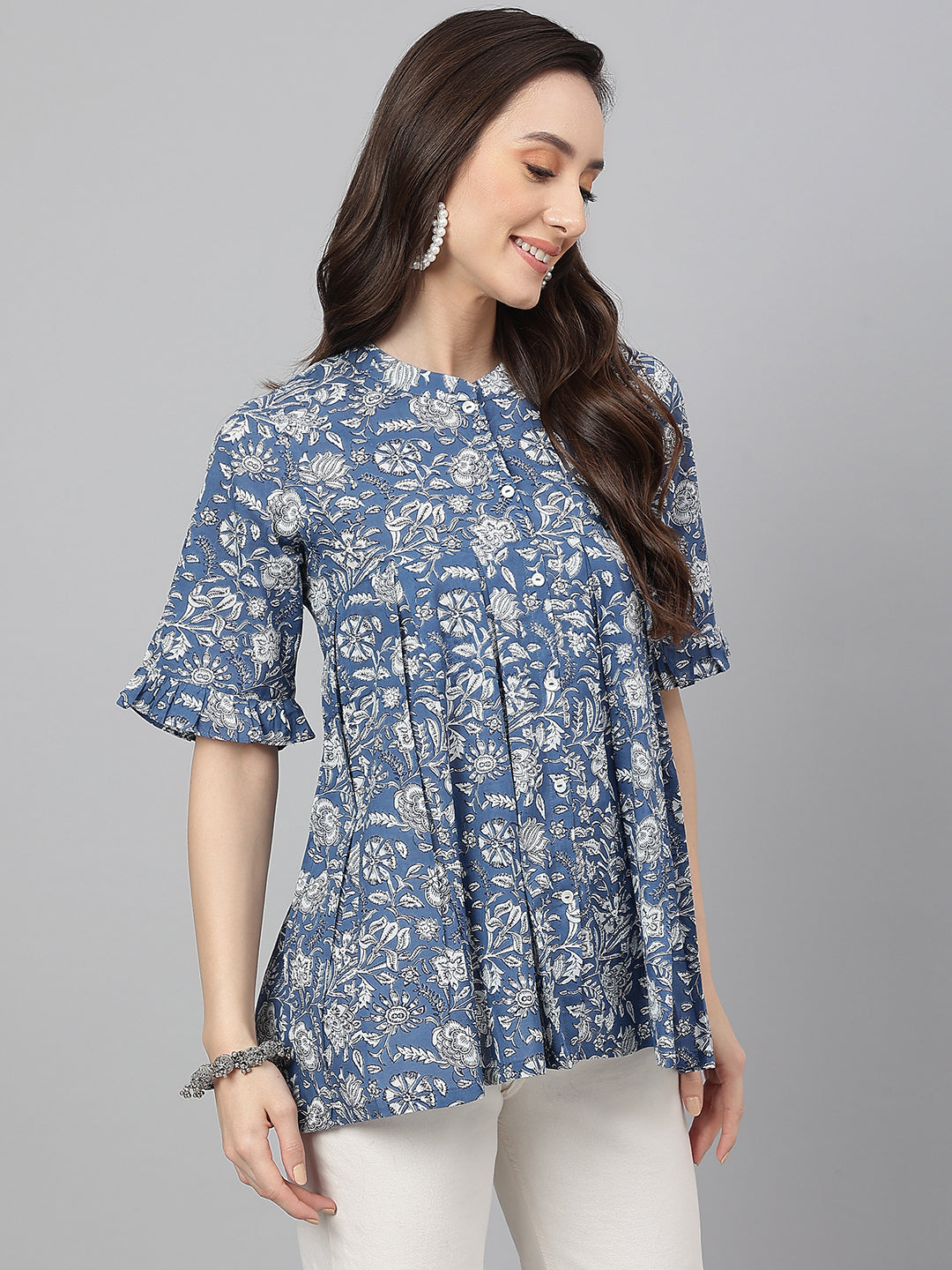 Janasya Women's Blue Cotton Floral Print Flared Top | Swadesiicart