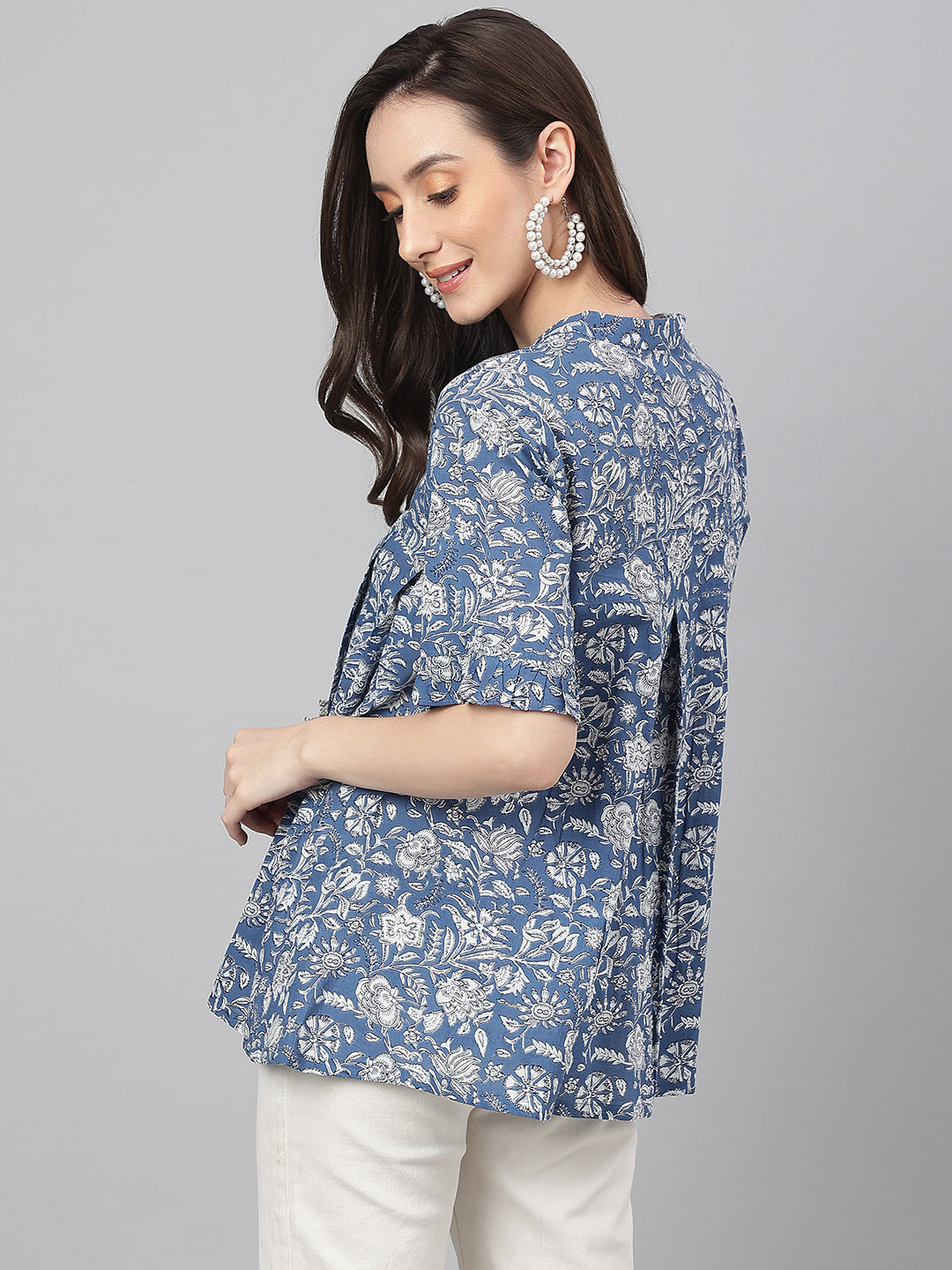 Janasya Women's Blue Cotton Floral Print Flared Top | Swadesiicart