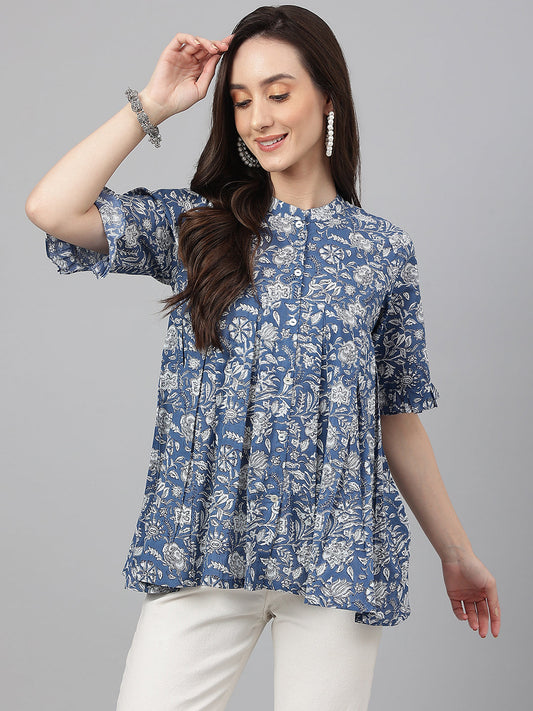 Janasya Women's Blue Cotton Floral Print Flared Top | Swadesiicart