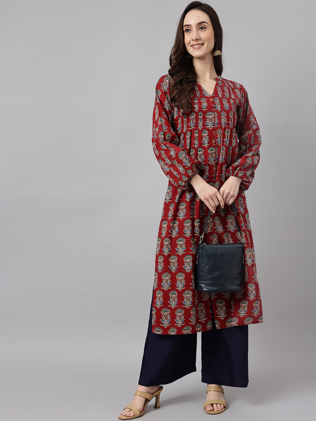 Janasya Women's Maroon Cotton Floral Printed Casual Flared Kurta - Swadesiicart
