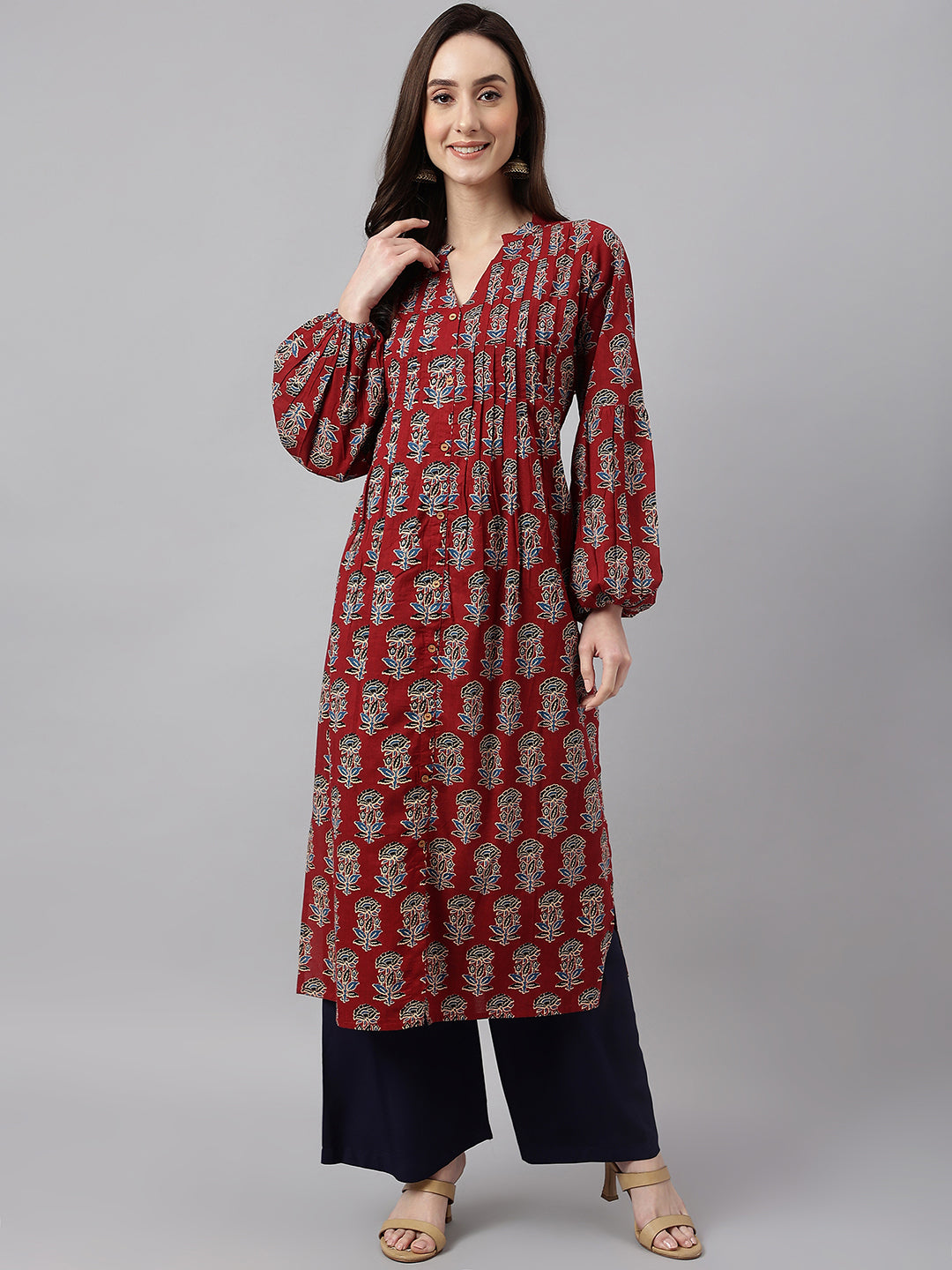 Janasya Women's Maroon Cotton Floral Printed Casual Flared Kurta - Swadesiicart