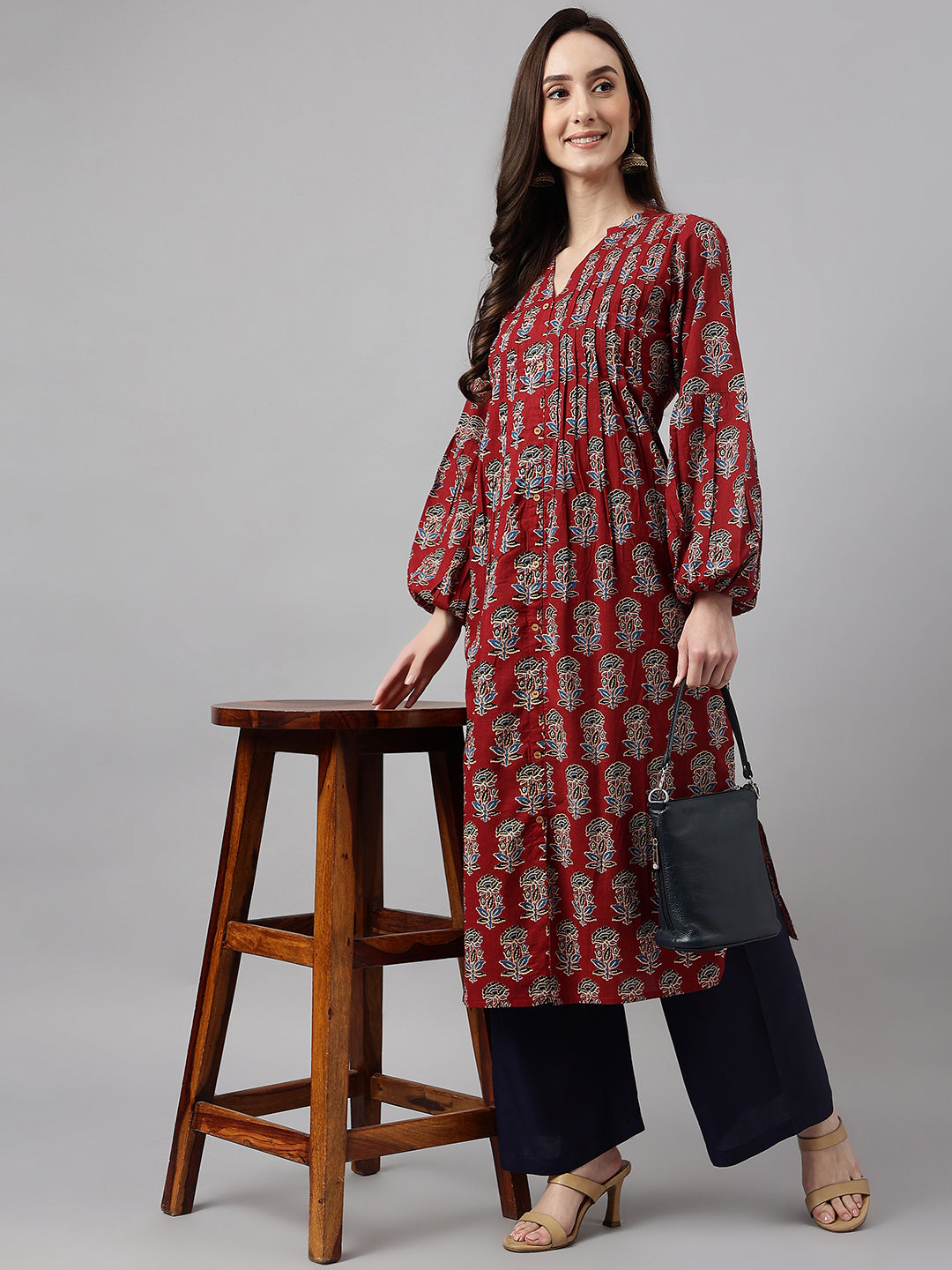 Janasya Women's Maroon Cotton Floral Printed Casual Flared Kurta - Swadesiicart