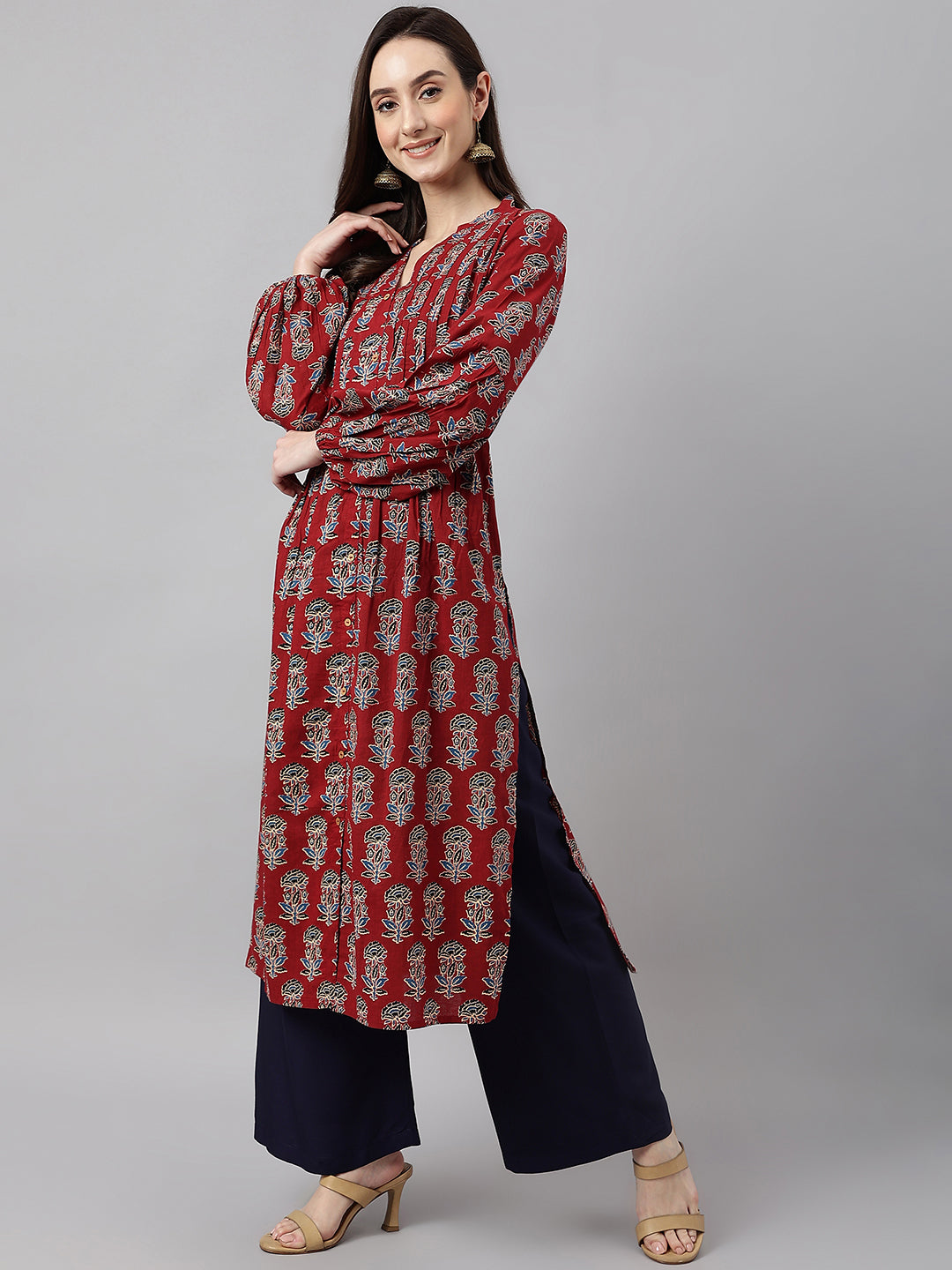Janasya Women's Maroon Cotton Floral Printed Casual Flared Kurta - Swadesiicart
