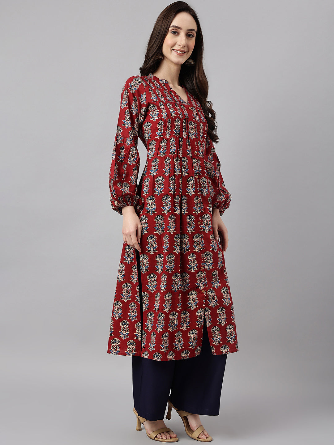 Janasya Women's Maroon Cotton Floral Printed Casual Flared Kurta - Swadesiicart