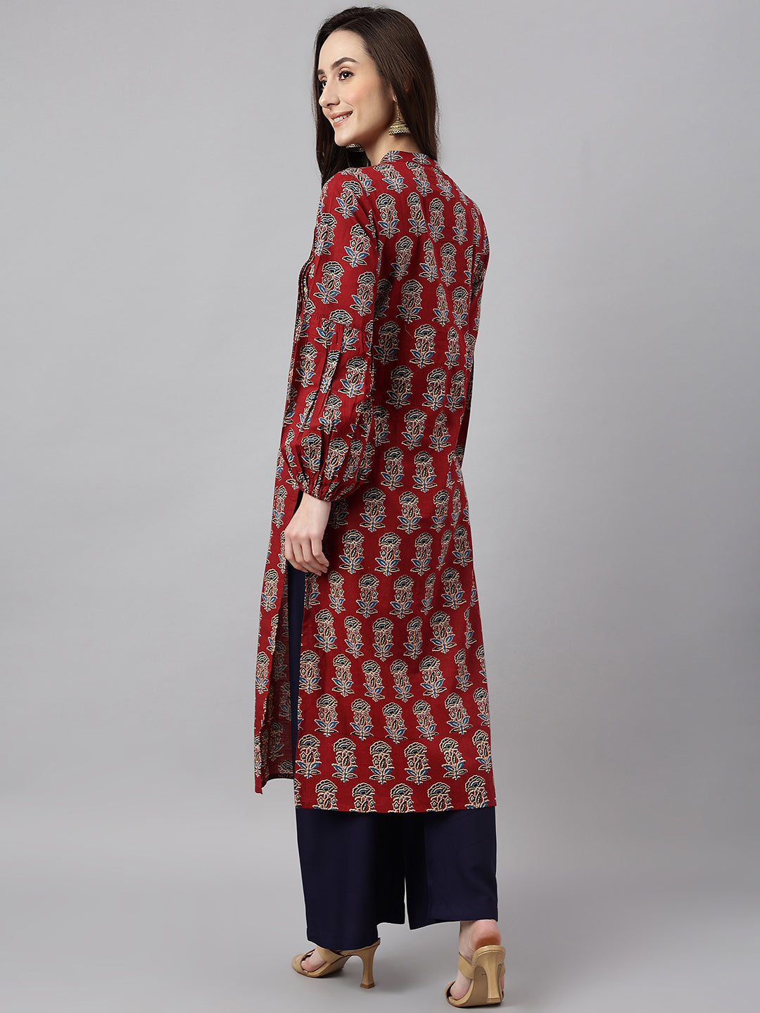 Janasya Women's Maroon Cotton Floral Printed Casual Flared Kurta - Swadesiicart