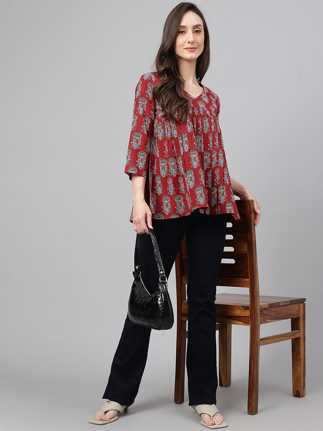 Janasya Women's Maroon Cotton Floral Block Print Flared Top | Swadesiicart