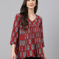 Janasya Women's Maroon Cotton Floral Block Print Flared Top | Swadesiicart