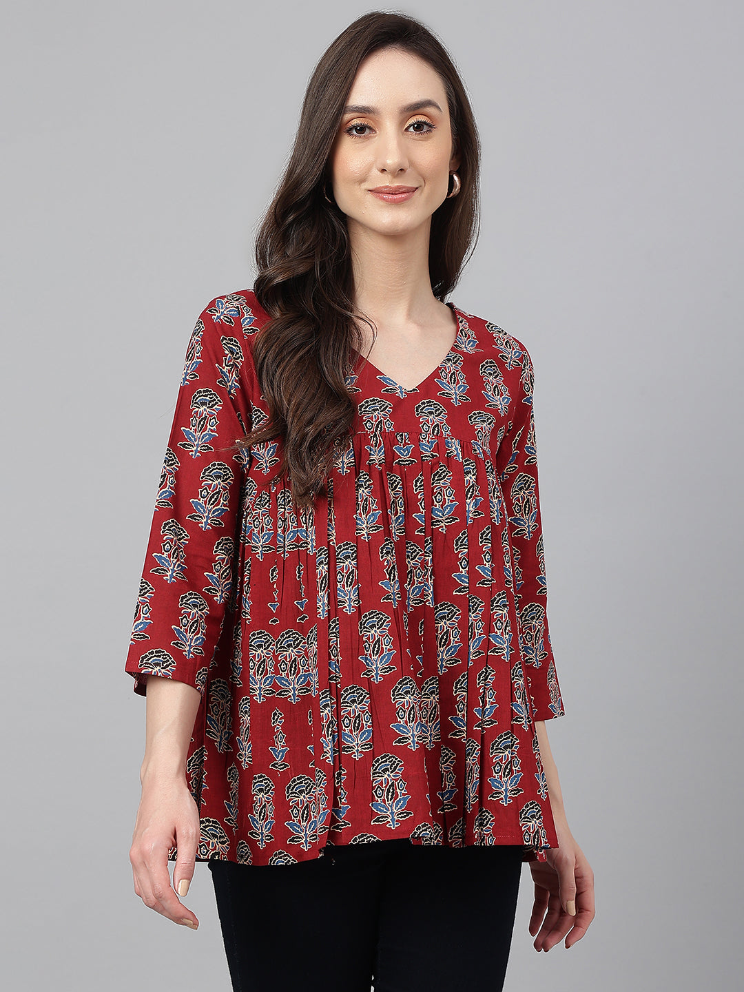 Janasya Women's Maroon Cotton Floral Block Print Flared Top | Swadesiicart