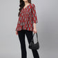 Janasya Women's Maroon Cotton Floral Block Print Flared Top | Swadesiicart