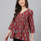 Janasya Women's Maroon Cotton Floral Block Print Flared Top | Swadesiicart
