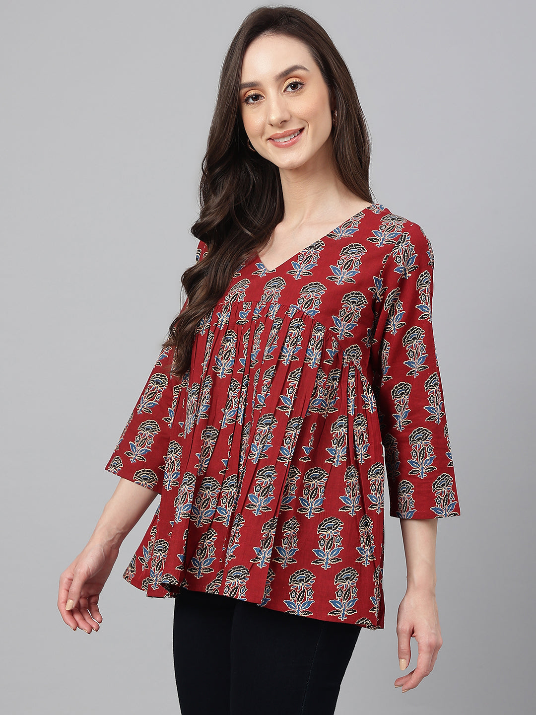 Janasya Women's Maroon Cotton Floral Block Print Flared Top | Swadesiicart