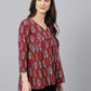 Janasya Women's Maroon Cotton Floral Block Print Flared Top | Swadesiicart