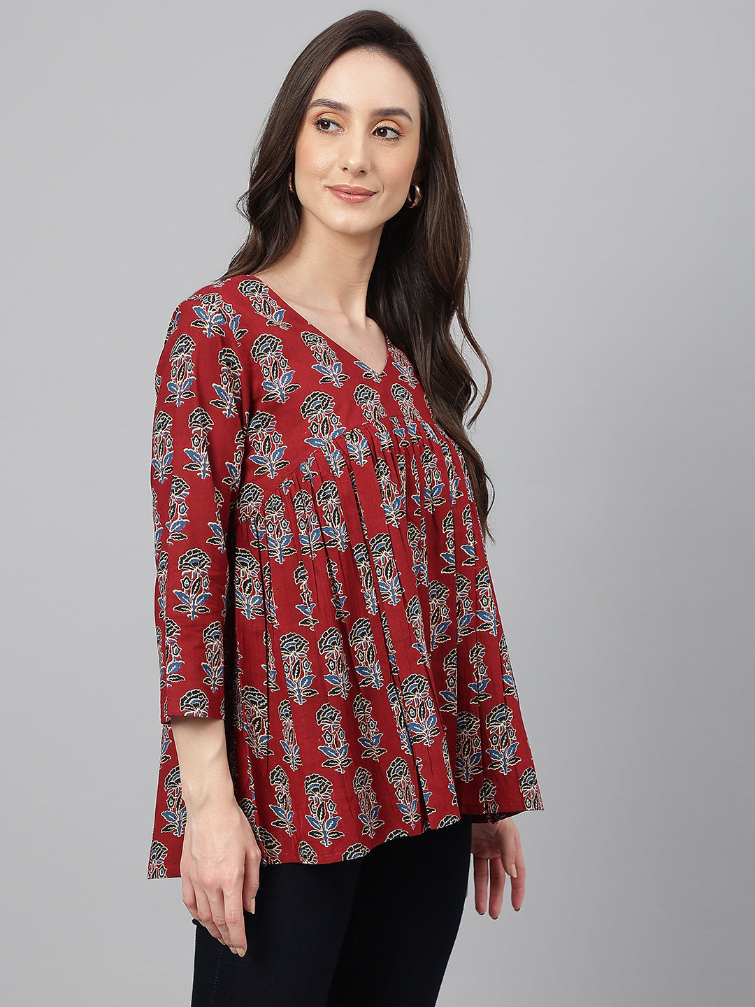 Janasya Women's Maroon Cotton Floral Block Print Flared Top | Swadesiicart