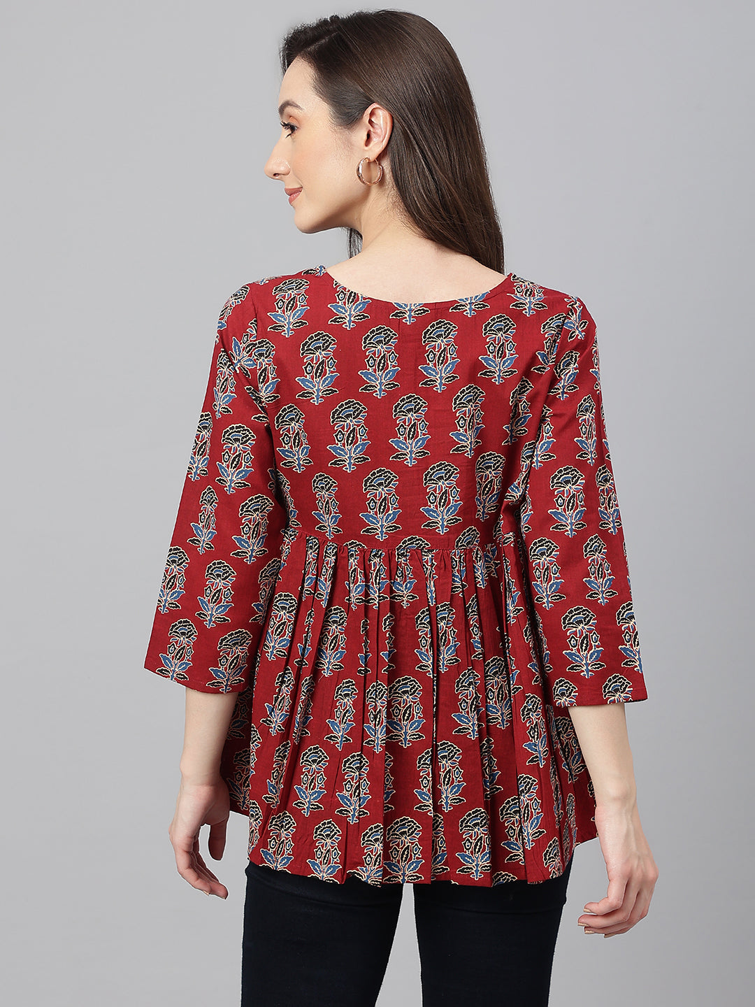 Janasya Women's Maroon Cotton Floral Block Print Flared Top | Swadesiicart