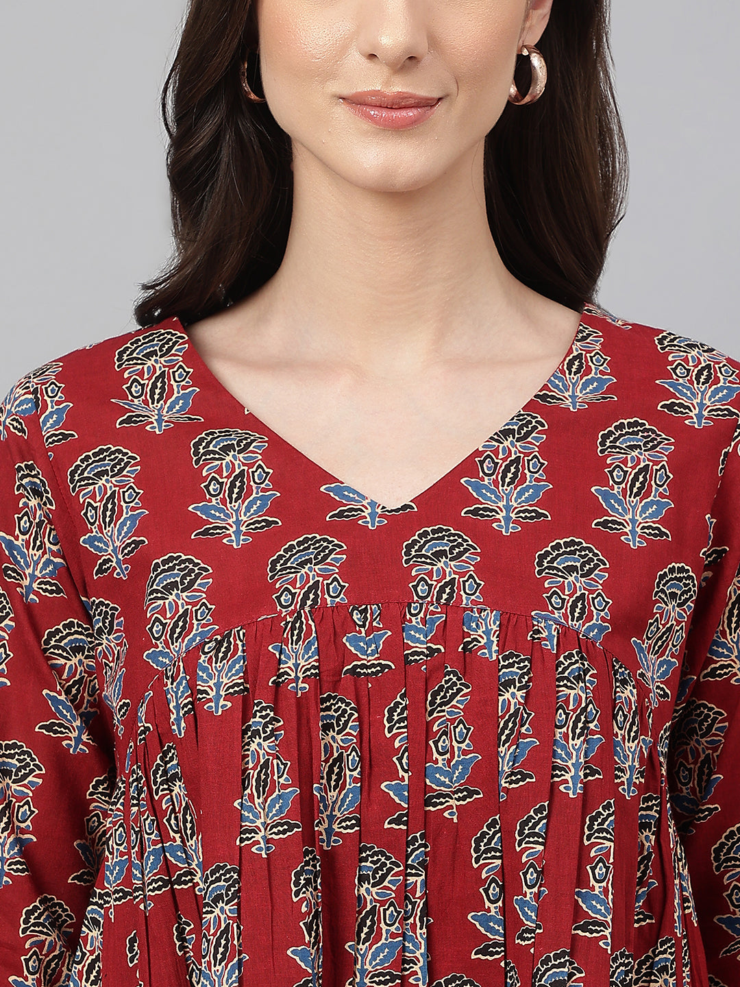 Janasya Women's Maroon Cotton Floral Block Print Flared Top | Swadesiicart