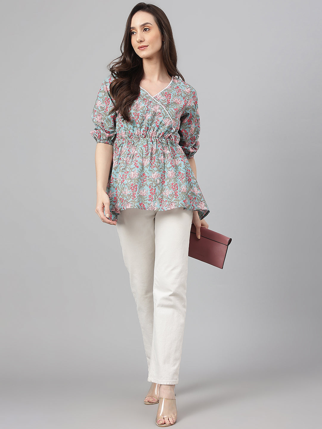 Janasya Women's Aqua Blue Cotton Floral Print Peplum Top | Swadesiicart