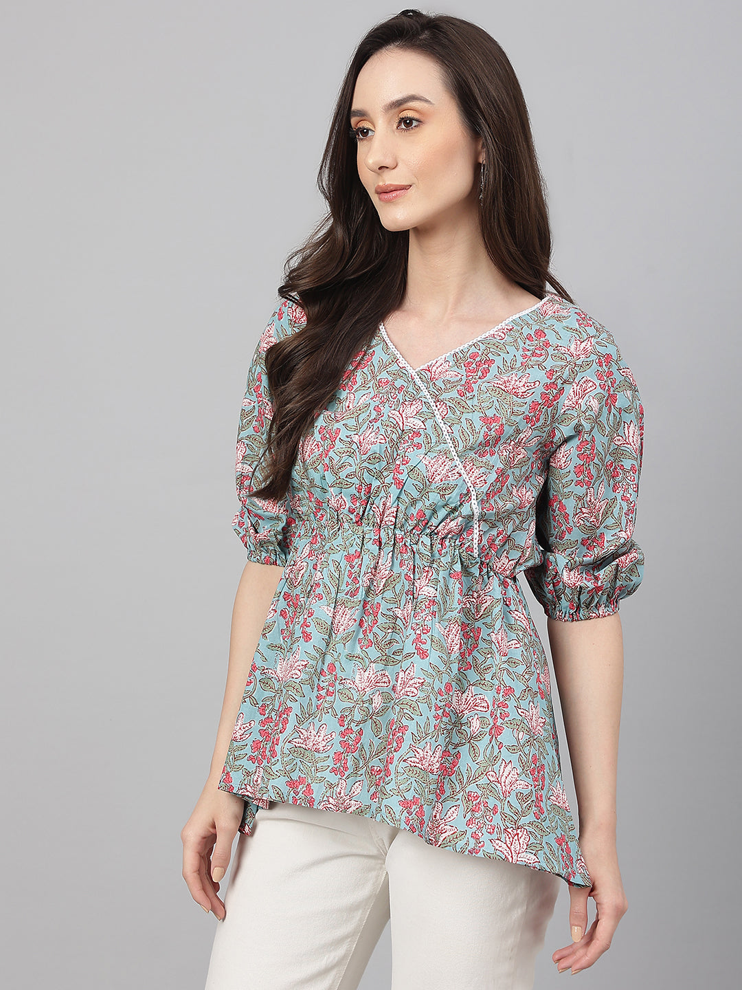 Janasya Women's Aqua Blue Cotton Floral Print Peplum Top | Swadesiicart