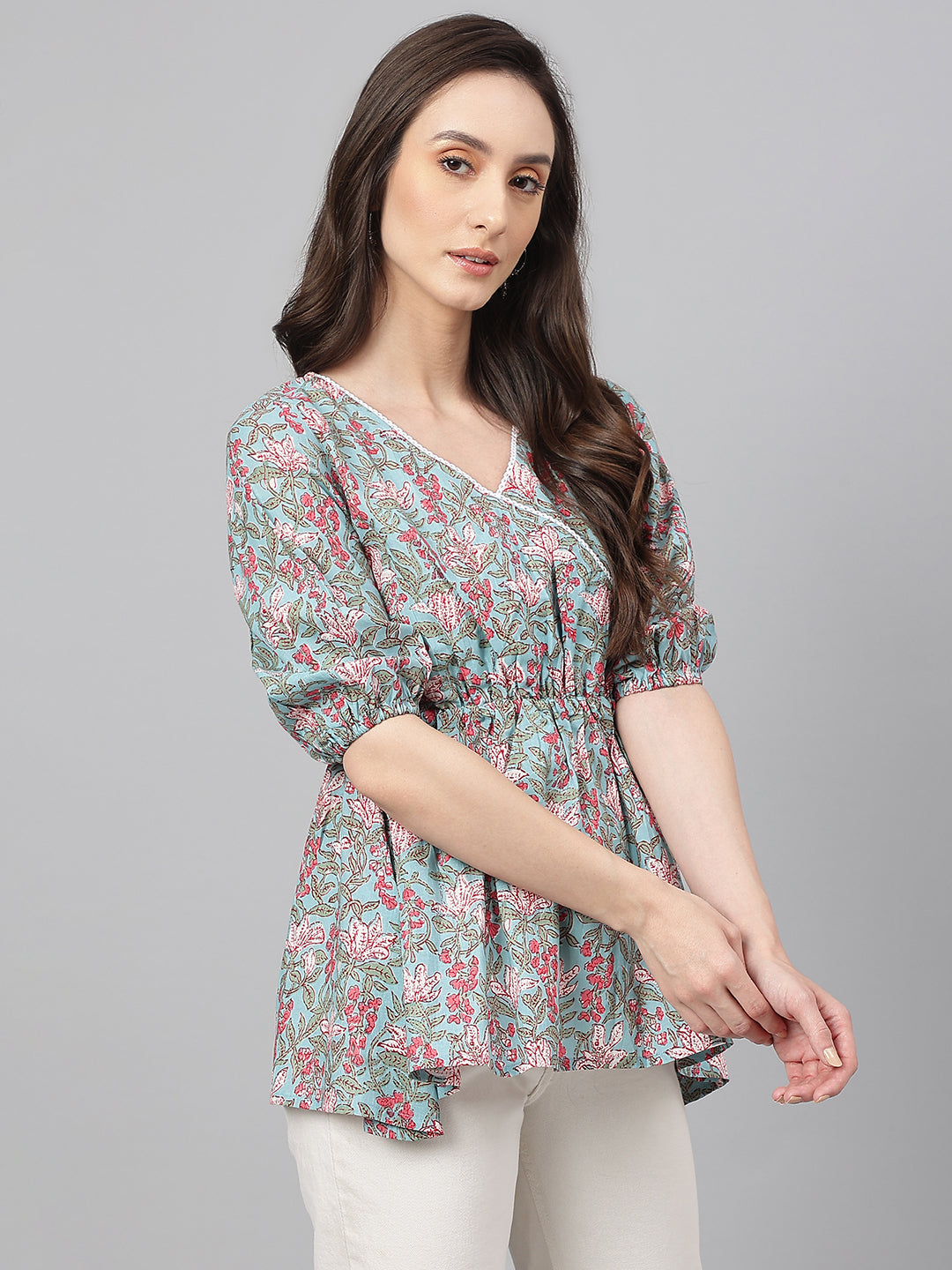 Janasya Women's Aqua Blue Cotton Floral Print Peplum Top | Swadesiicart