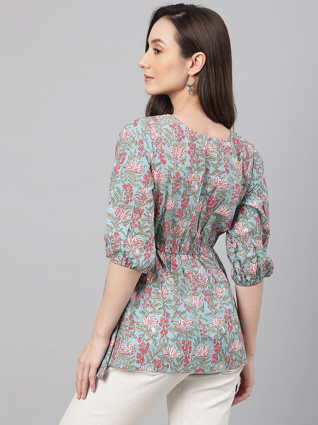 Janasya Women's Aqua Blue Cotton Floral Print Peplum Top | Swadesiicart