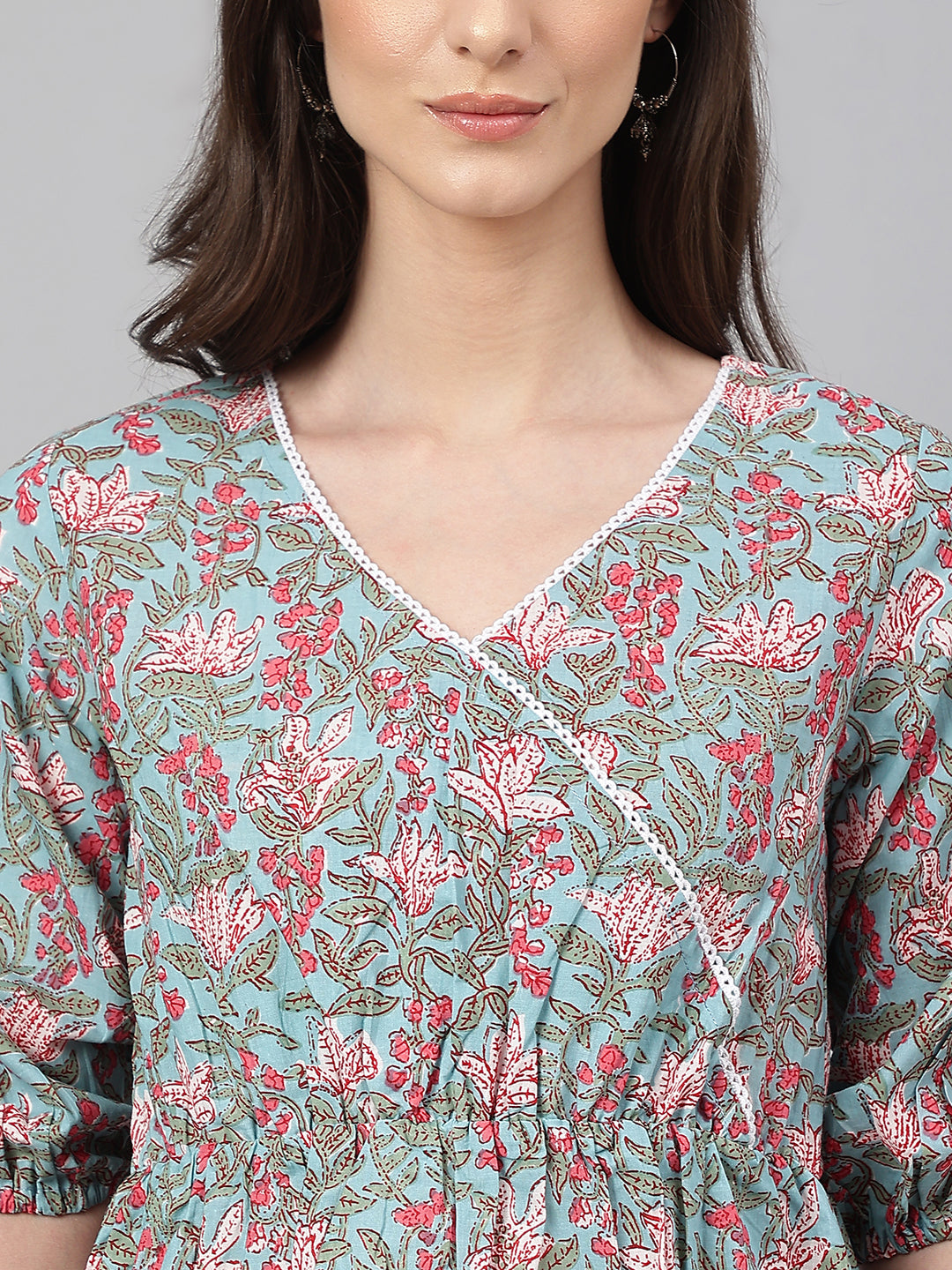 Janasya Women's Aqua Blue Cotton Floral Print Peplum Top | Swadesiicart