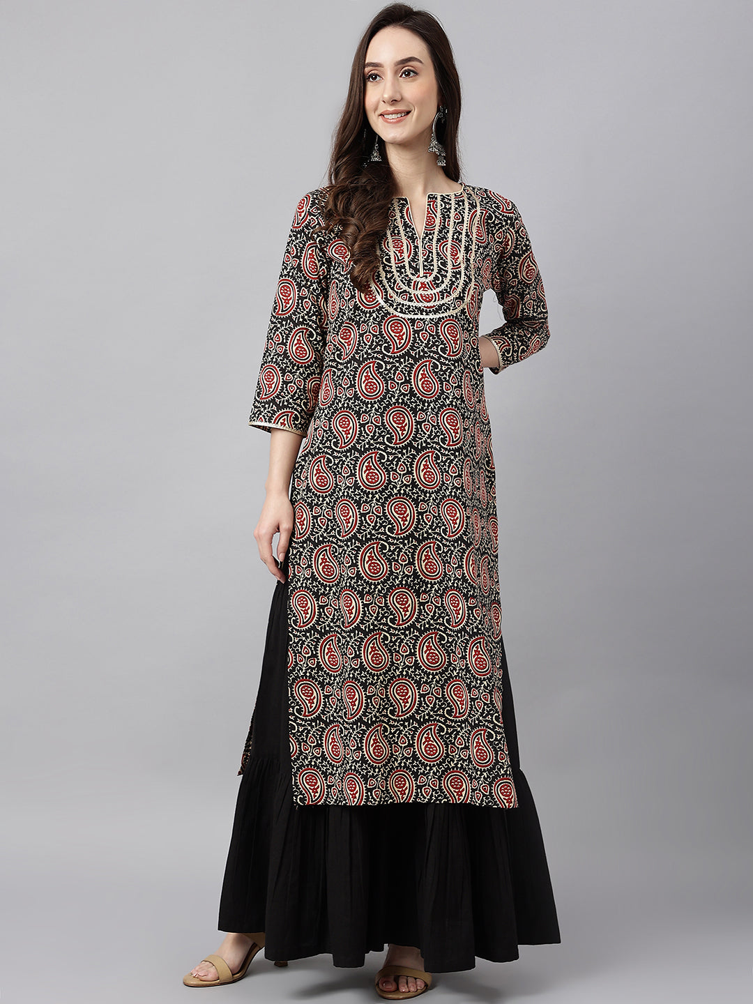 Janasya Women's Black Cotton Paisley Printed Casual Straight Kurta | Swadesiicart
