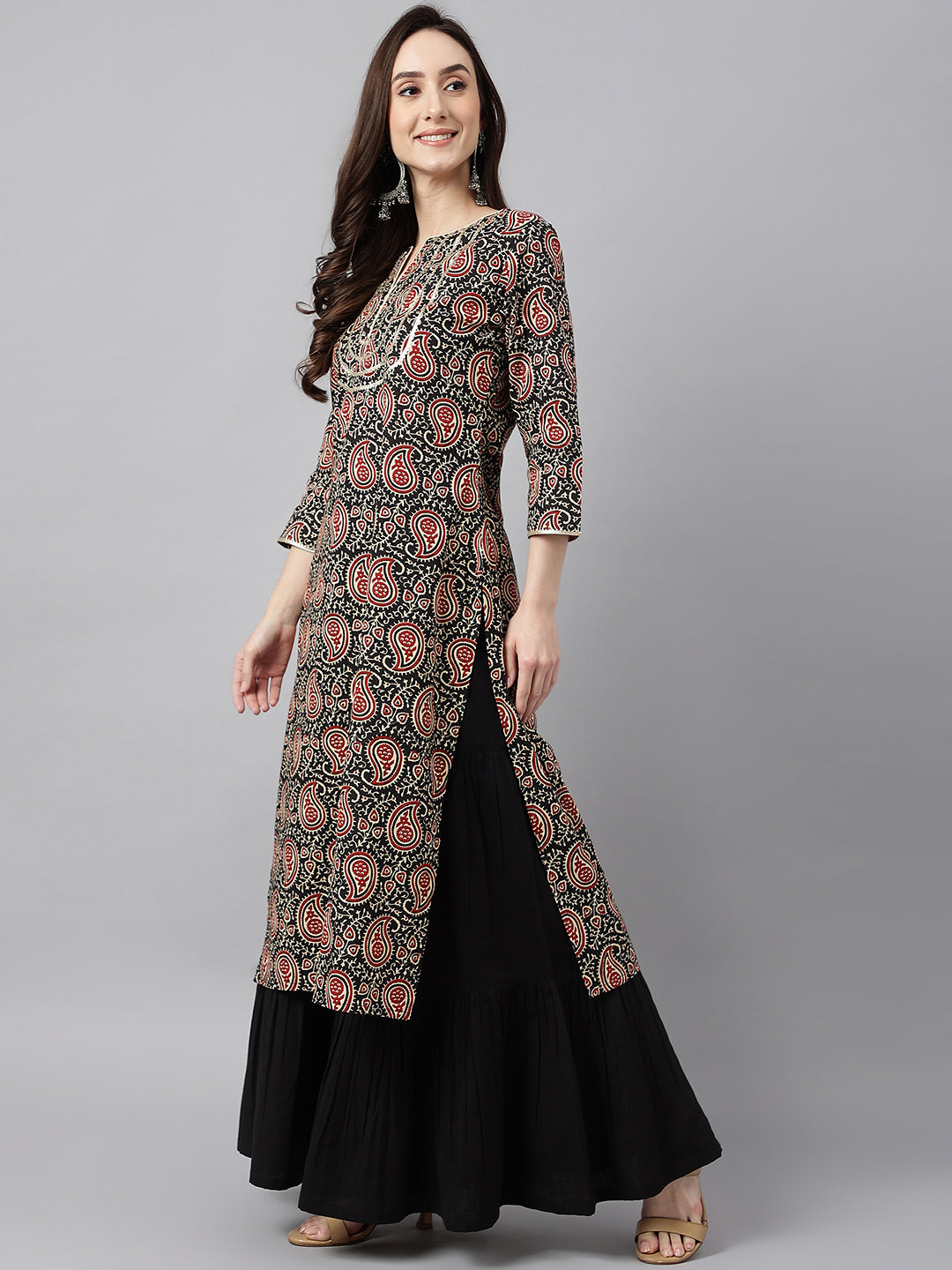 Janasya Women's Black Cotton Paisley Printed Casual Straight Kurta | Swadesiicart