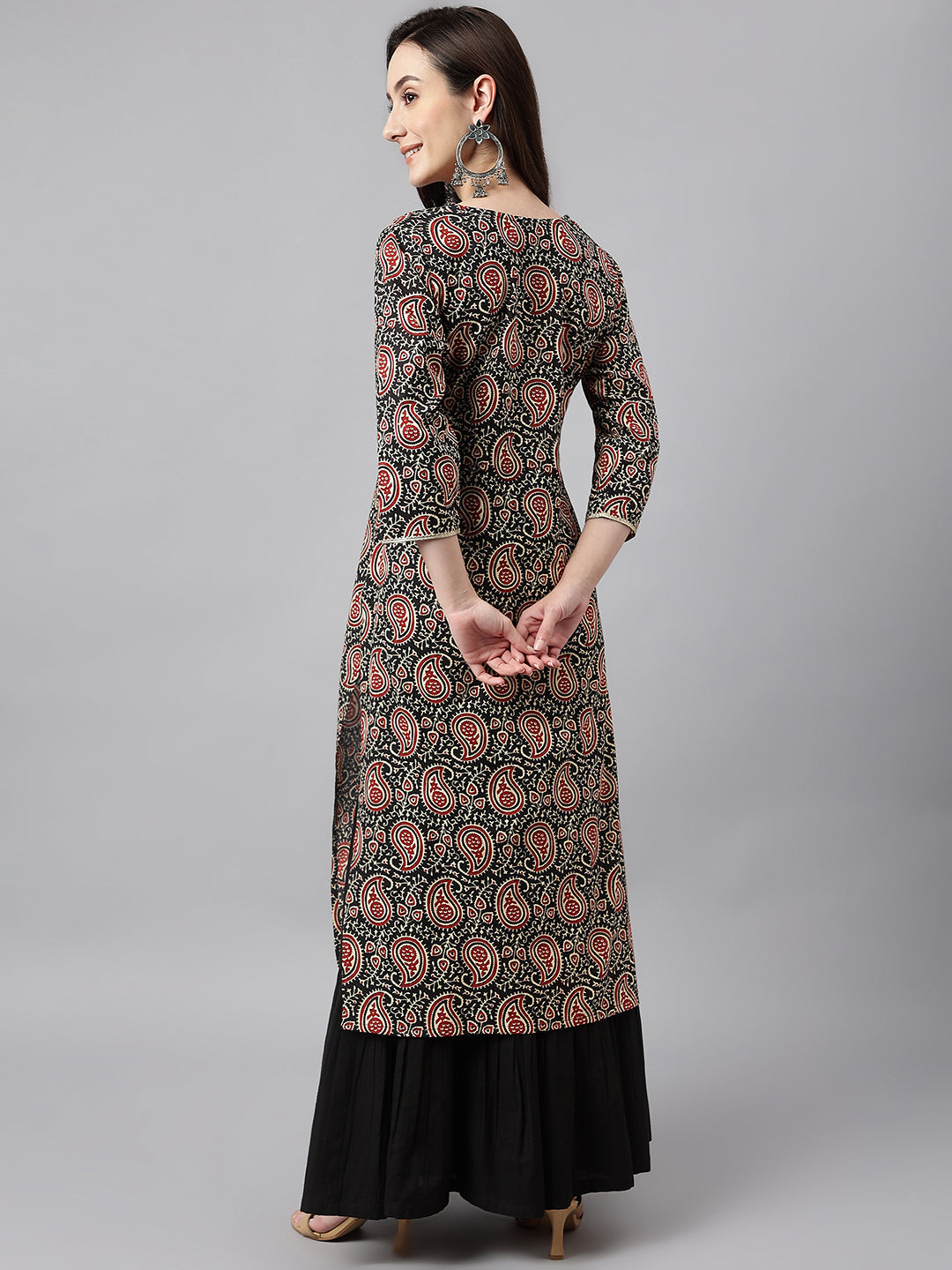 Janasya Women's Black Cotton Paisley Printed Casual Straight Kurta | Swadesiicart