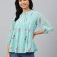 Janasya Women's Sea Green Dobby Georgette Floral Print Flared Top | Swadesiicart