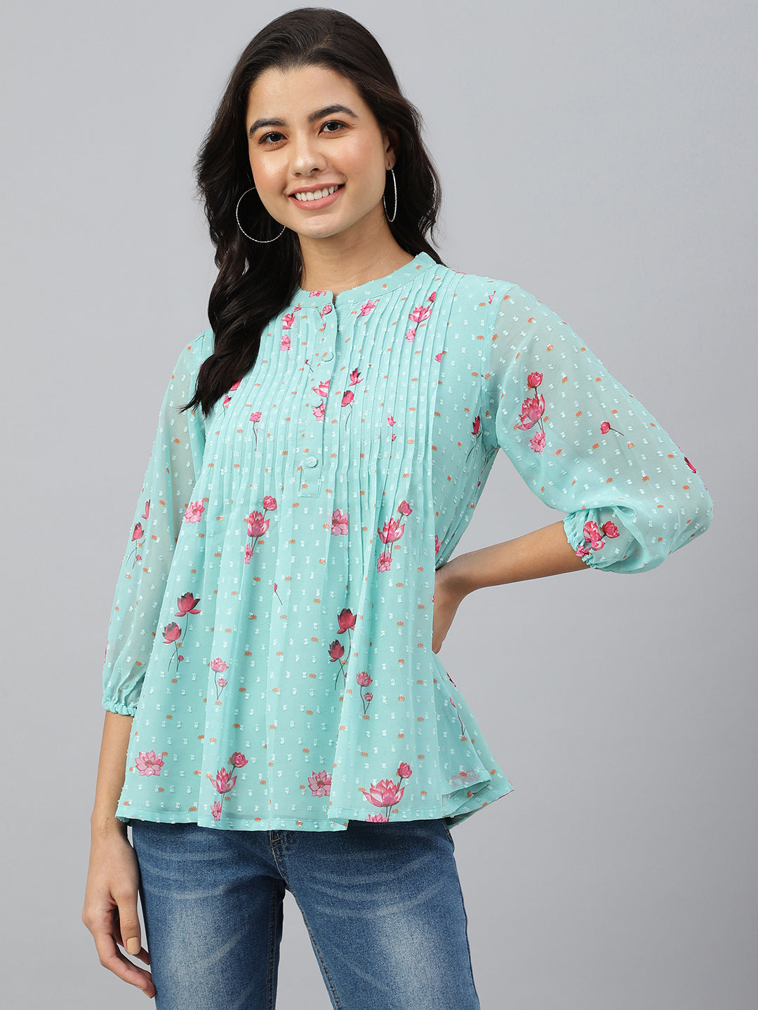 Janasya Women's Sea Green Dobby Georgette Floral Print Flared Top | Swadesiicart