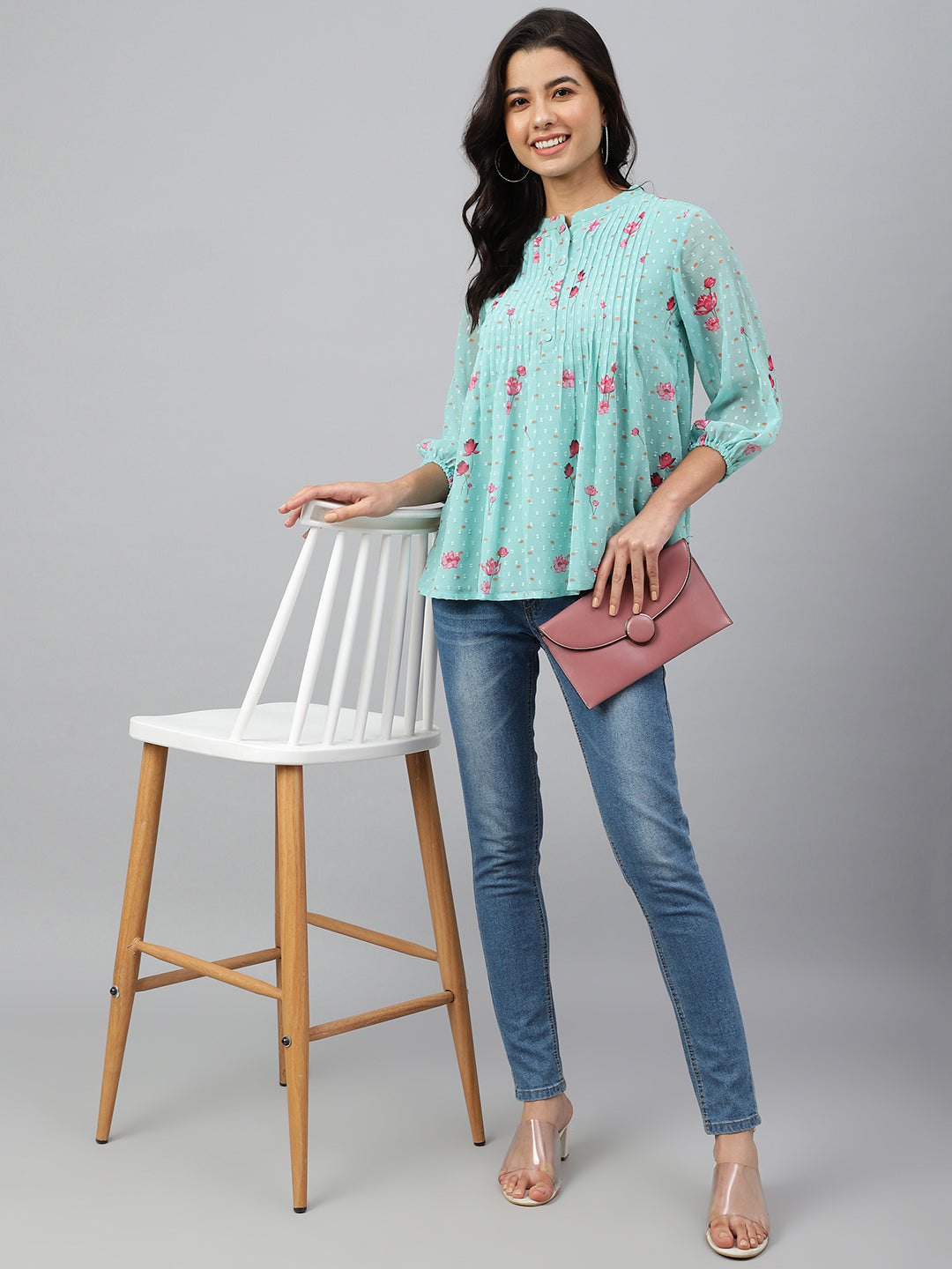 Janasya Women's Sea Green Dobby Georgette Floral Print Flared Top | Swadesiicart