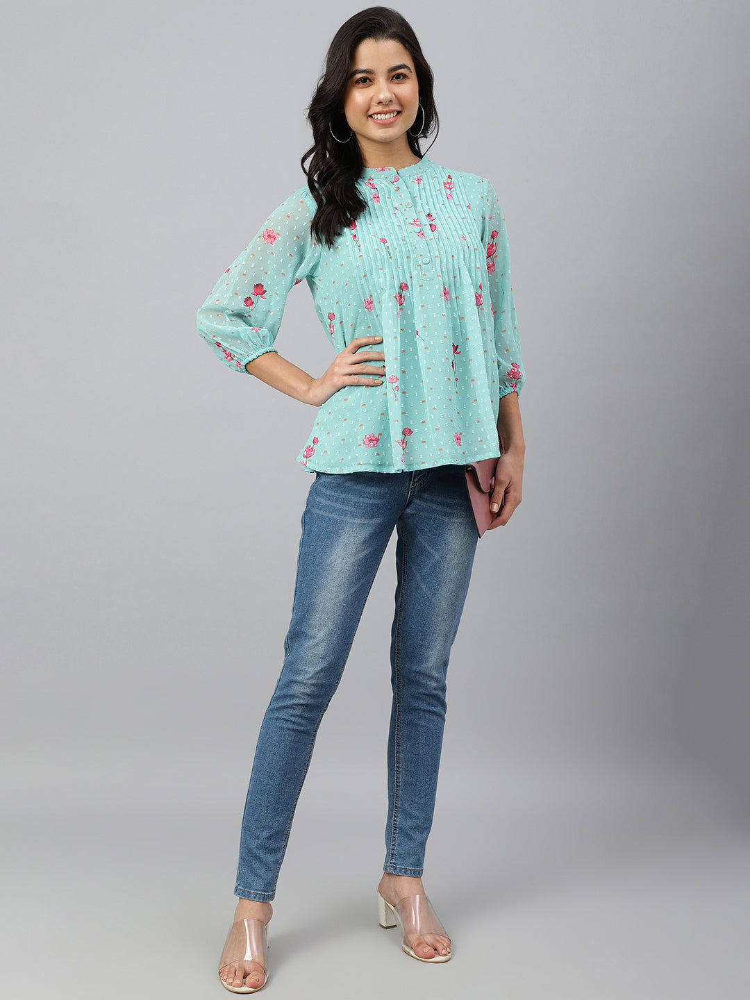 Janasya Women's Sea Green Dobby Georgette Floral Print Flared Top | Swadesiicart