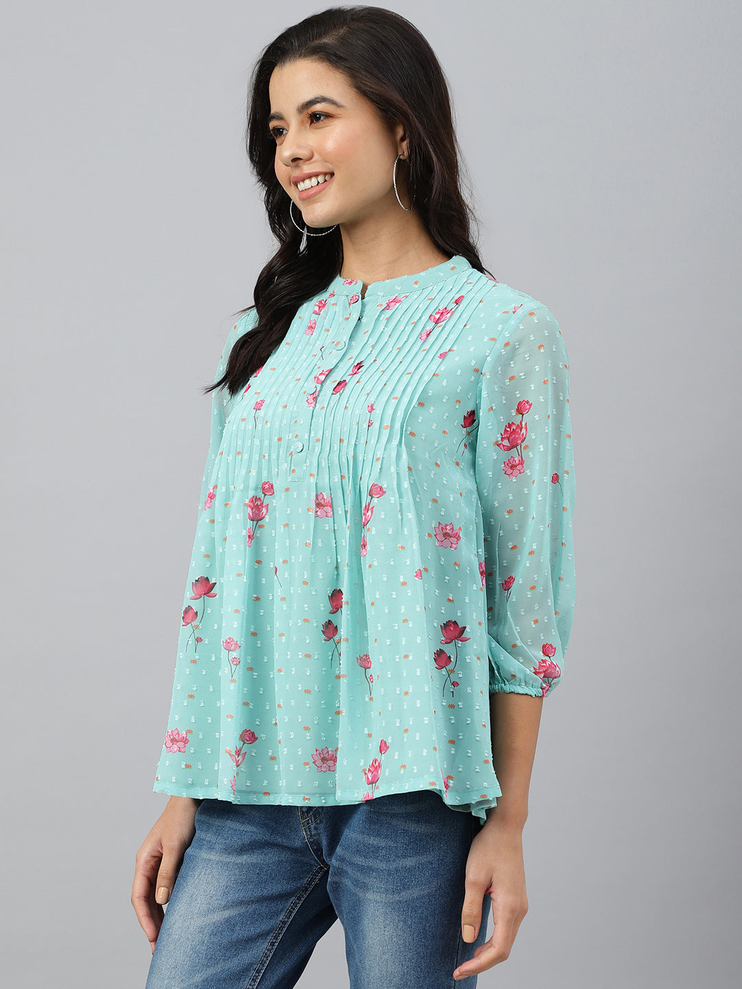 Janasya Women's Sea Green Dobby Georgette Floral Print Flared Top | Swadesiicart