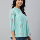 Janasya Women's Sea Green Dobby Georgette Floral Print Flared Top | Swadesiicart