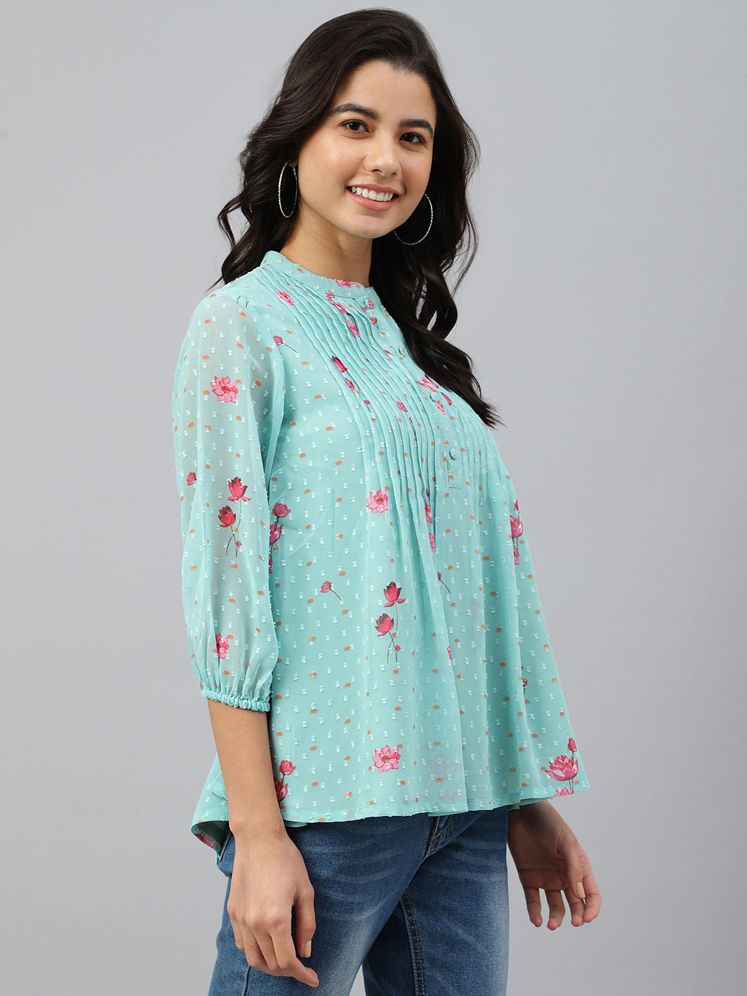 Janasya Women's Sea Green Dobby Georgette Floral Print Flared Top | Swadesiicart