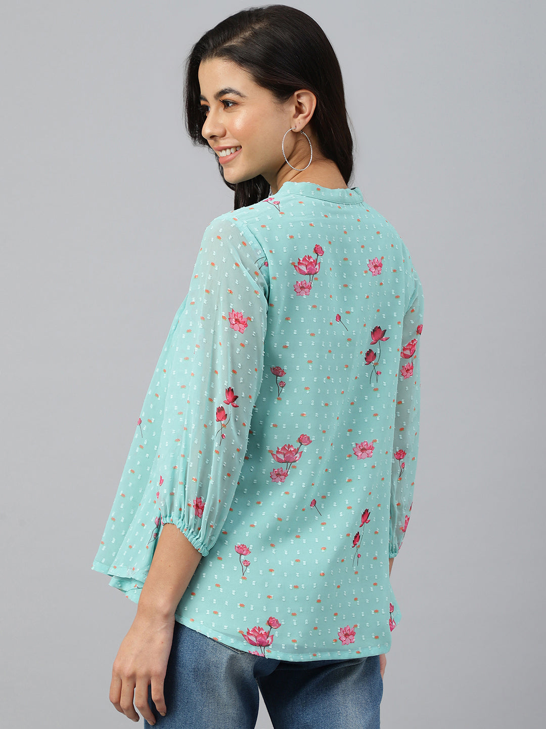 Janasya Women's Sea Green Dobby Georgette Floral Print Flared Top | Swadesiicart