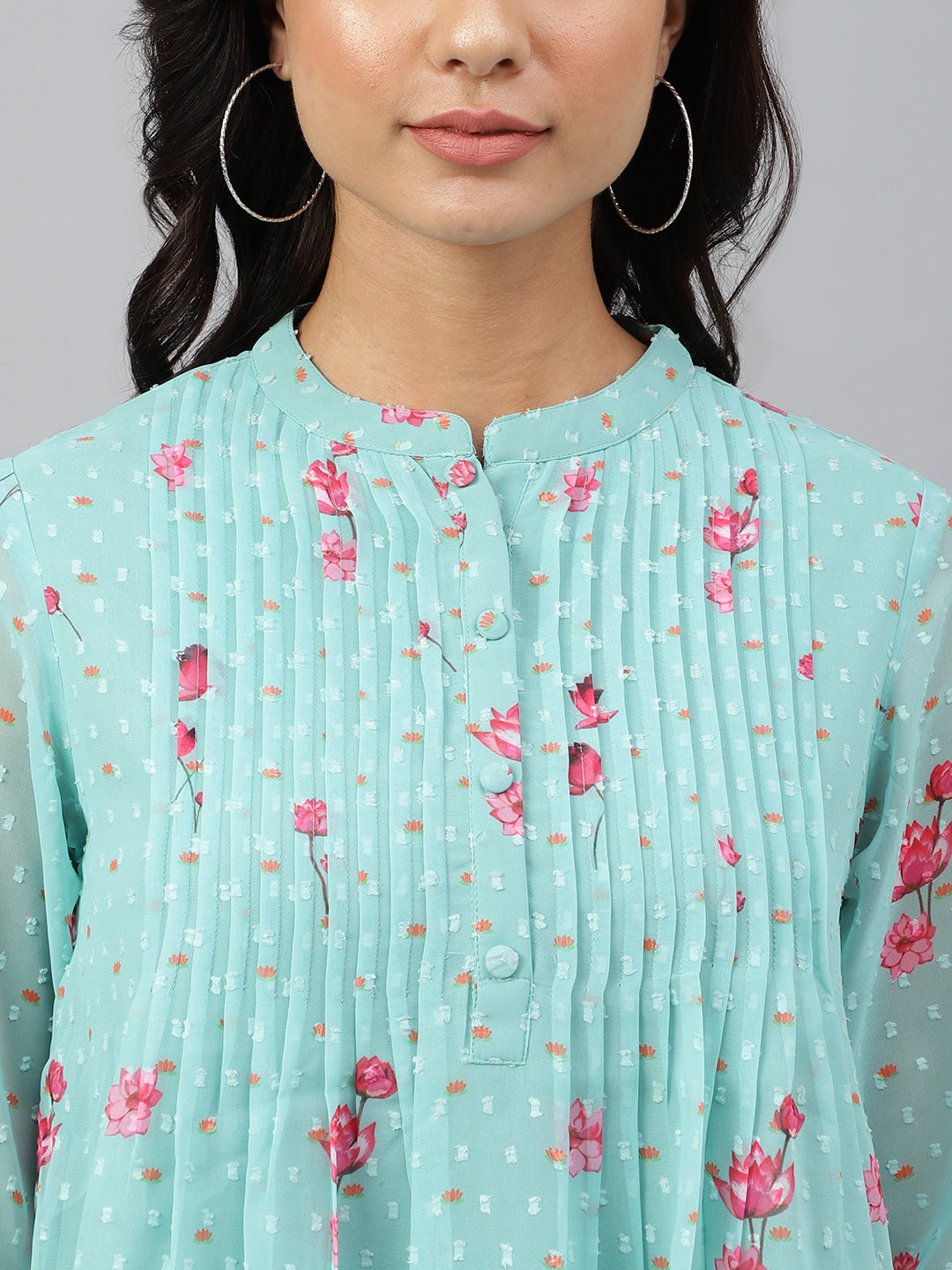 Janasya Women's Sea Green Dobby Georgette Floral Print Flared Top | Swadesiicart
