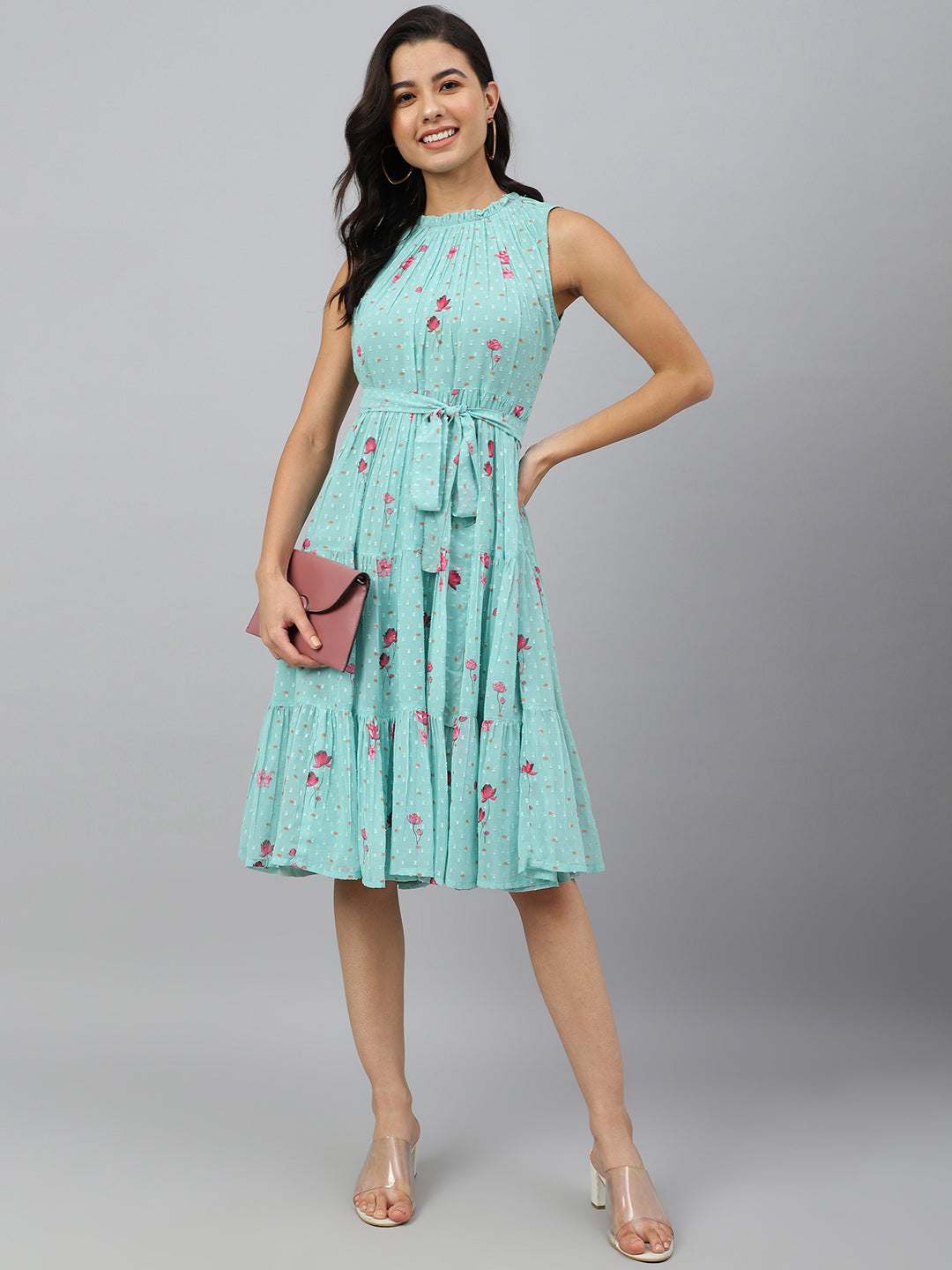 Janasya Women's Sea Green Dobby Georgette Floral Printed Tiered Western Dress | Swadesiicart