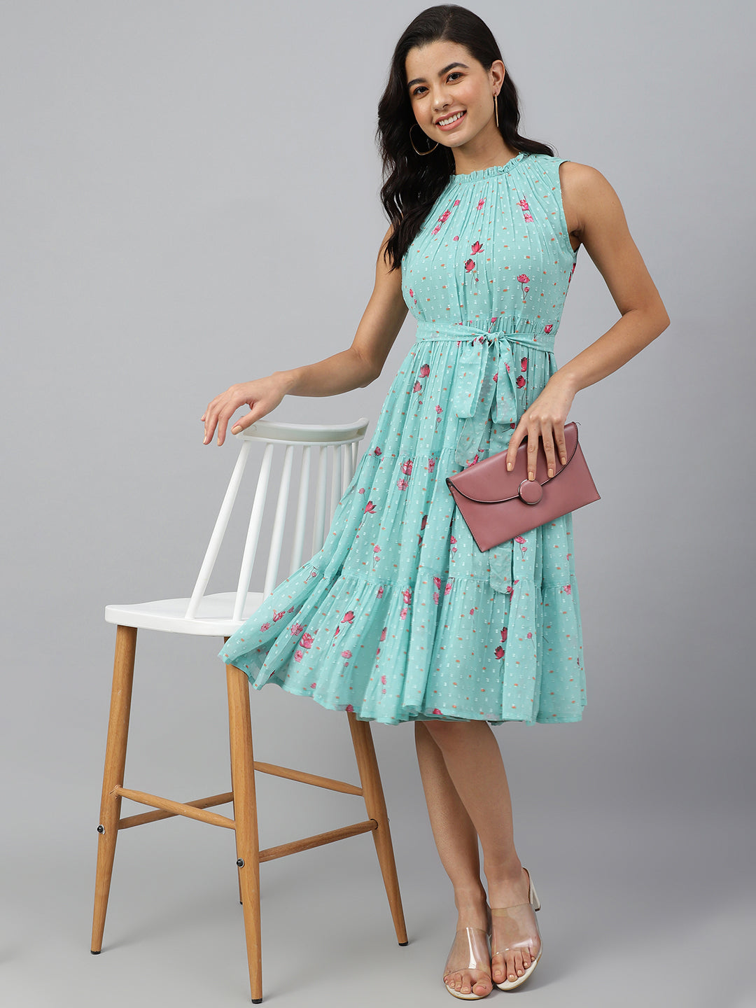 Janasya Women's Sea Green Dobby Georgette Floral Printed Tiered Western Dress | Swadesiicart
