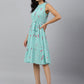Janasya Women's Sea Green Dobby Georgette Floral Printed Tiered Western Dress | Swadesiicart