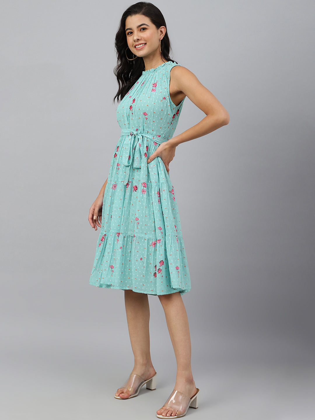Janasya Women's Sea Green Dobby Georgette Floral Printed Tiered Western Dress | Swadesiicart