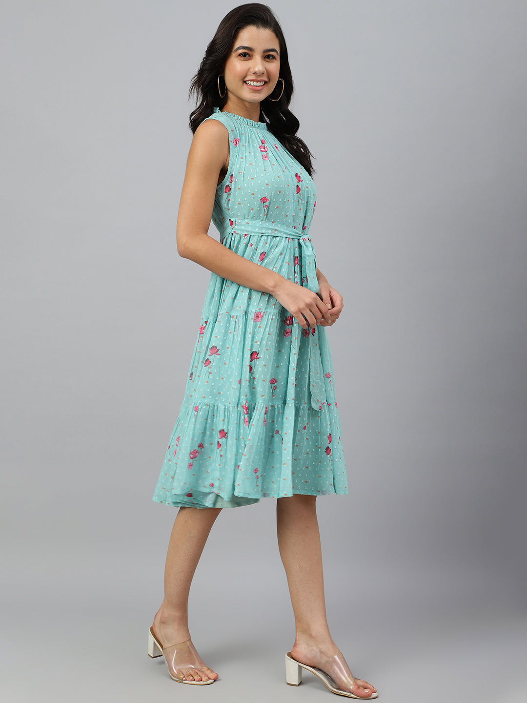 Janasya Women's Sea Green Dobby Georgette Floral Printed Tiered Western Dress | Swadesiicart