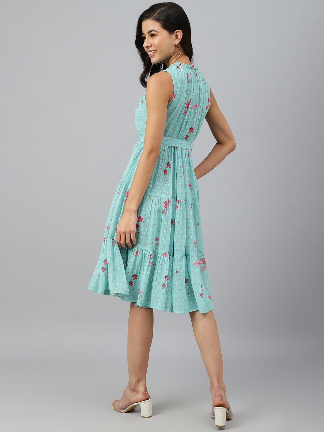 Janasya Women's Sea Green Dobby Georgette Floral Printed Tiered Western Dress | Swadesiicart