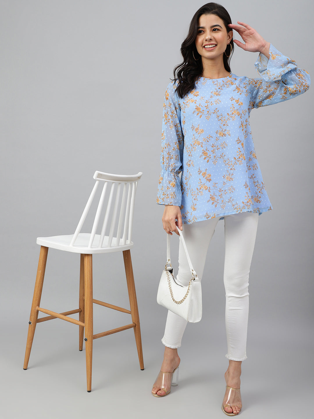 Janasya Women's Sky Blue Dobby Georgette Digital Print A-Line Top | Swadesiicart