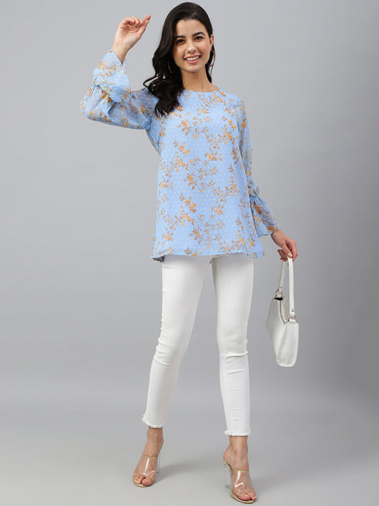 Janasya Women's Sky Blue Dobby Georgette Digital Print A-Line Top | Swadesiicart
