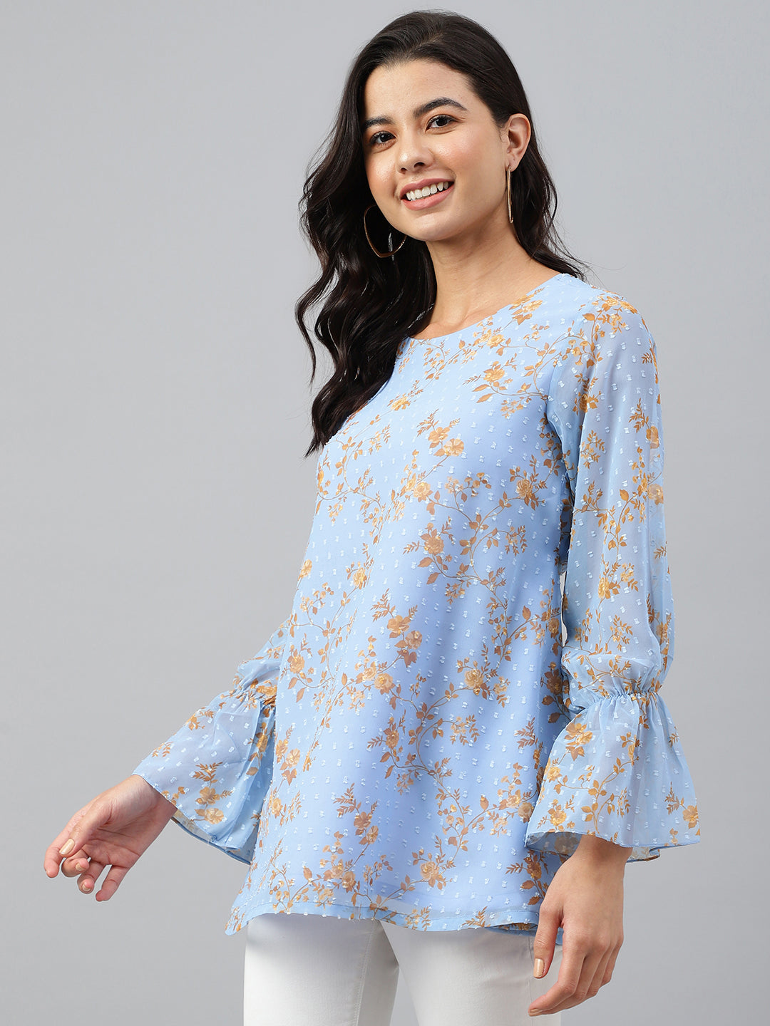 Janasya Women's Sky Blue Dobby Georgette Digital Print A-Line Top | Swadesiicart