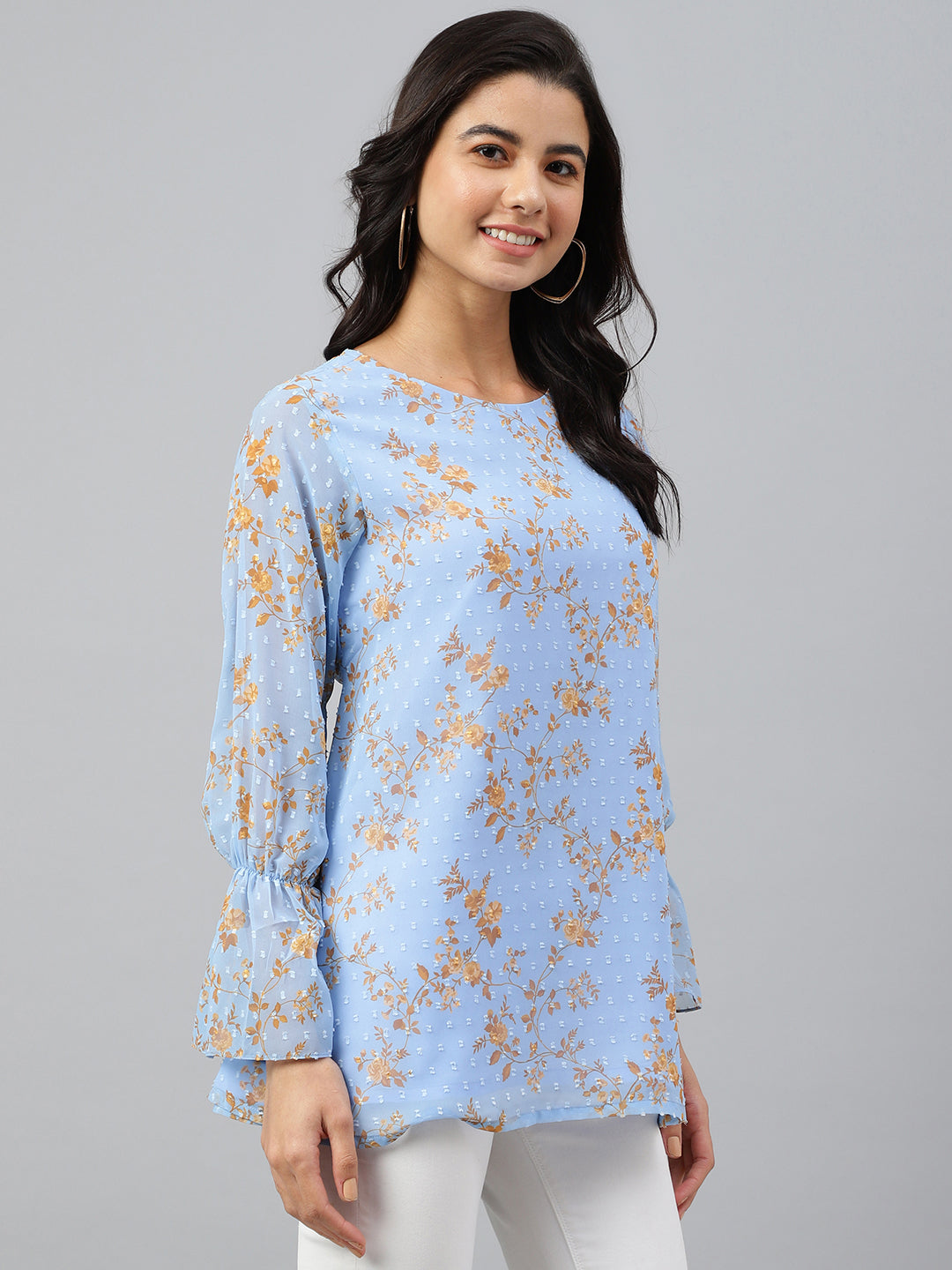 Janasya Women's Sky Blue Dobby Georgette Digital Print A-Line Top | Swadesiicart