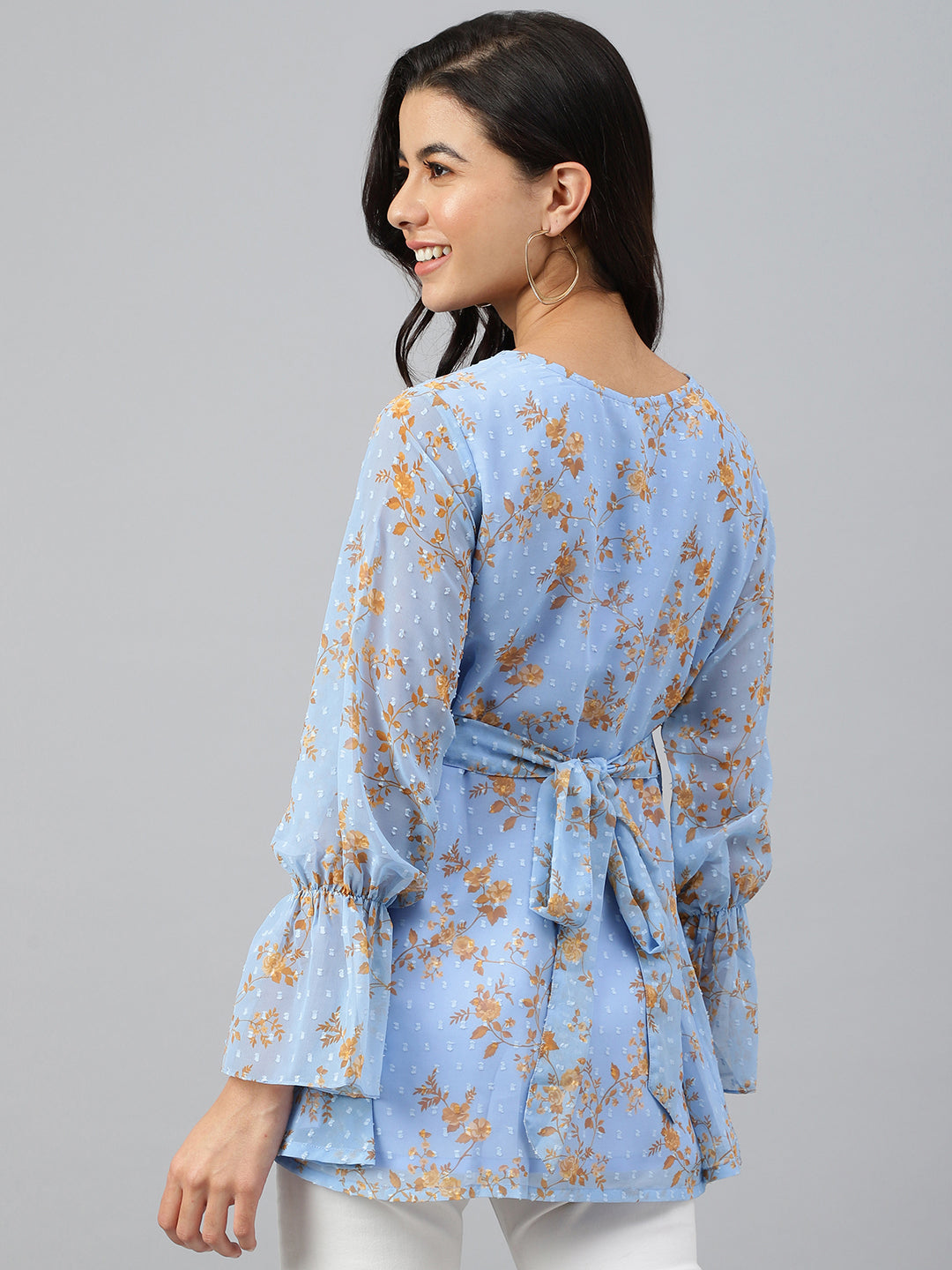 Janasya Women's Sky Blue Dobby Georgette Digital Print A-Line Top | Swadesiicart