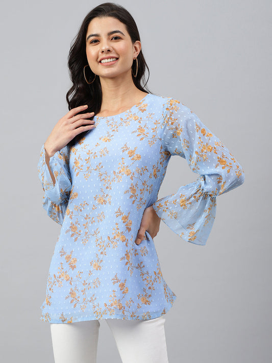 Janasya Women's Sky Blue Dobby Georgette Digital Print A-Line Top | Swadesiicart