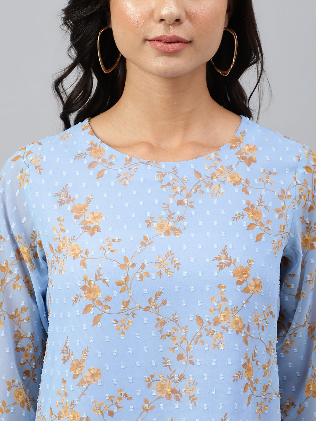 Janasya Women's Sky Blue Dobby Georgette Digital Print A-Line Top | Swadesiicart